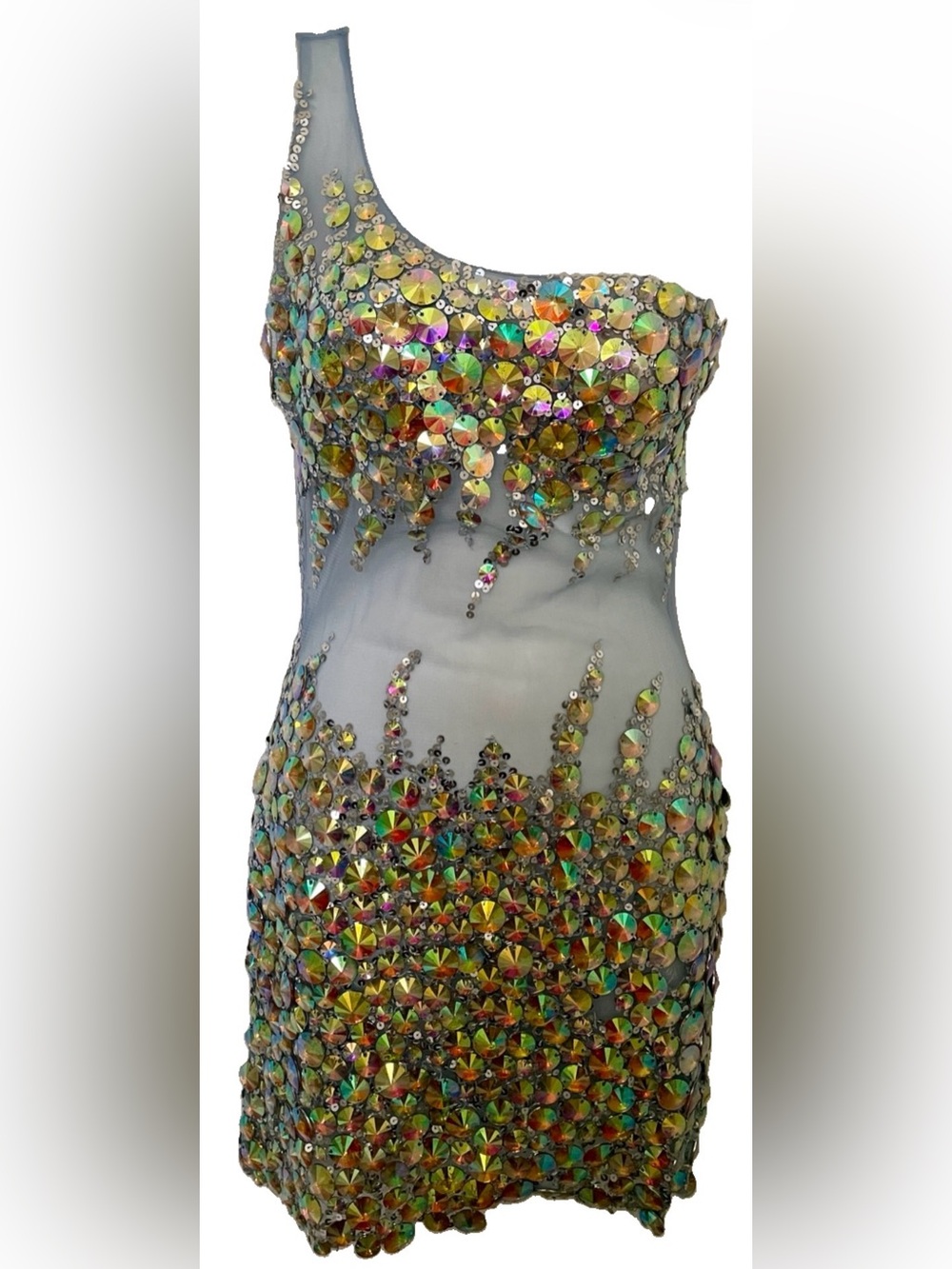 MILANO FORMALS Chic 3D Rhinestone HOLOGRAM Illusion Lace Iridescent DRESS Size 4